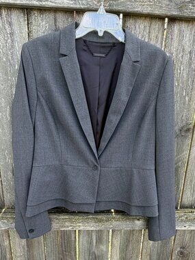 ELIE TAHARI Charcoal Gray Peplum Tweedy All Year Wool Lined Suit Jacket 12 M